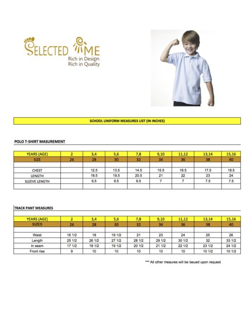 T-shirt measures for round neck V-neck T-shirt school polo. Size Guide