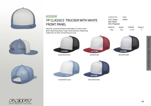 Trucker SnapBack Caps, Flat Peak, White Front Flexfit 6006W Caps